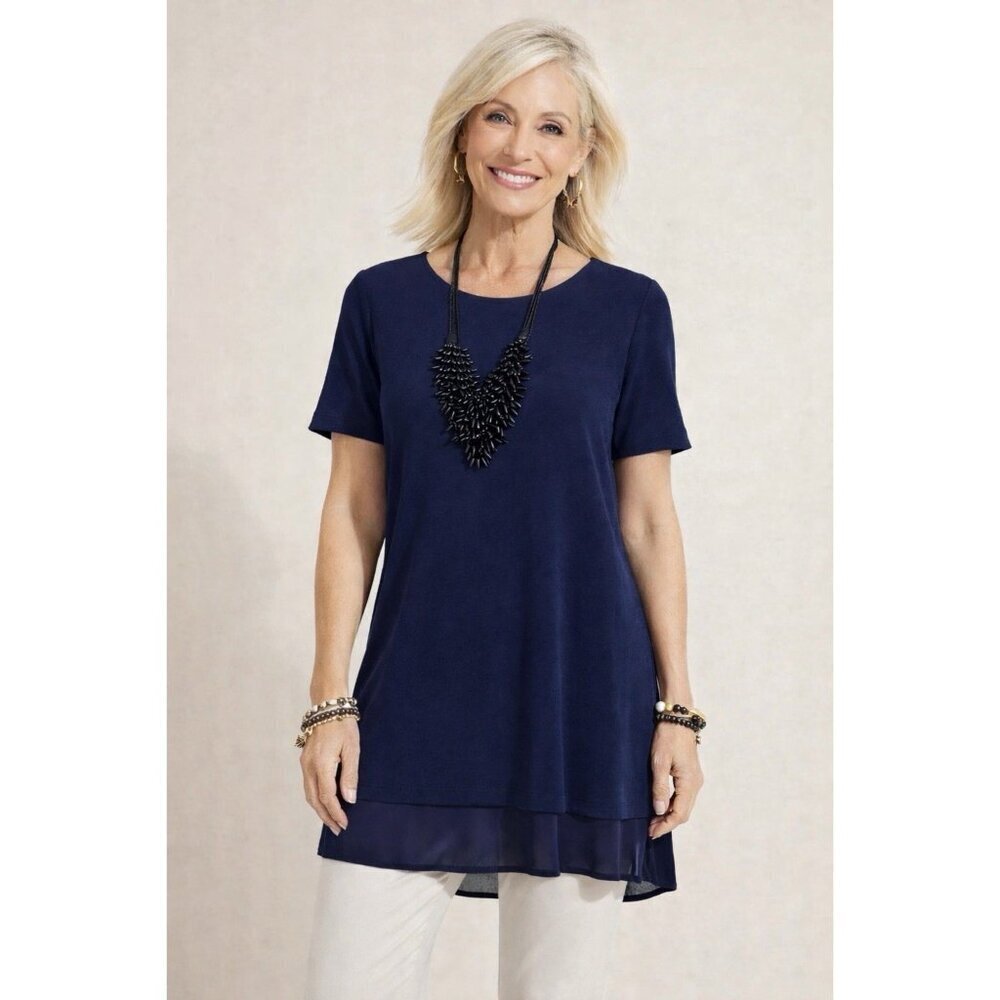 Chicos Travelers Womens Chiffon Hem Tunic Top Sz 2 12 14 Large Blue Slinky Knit